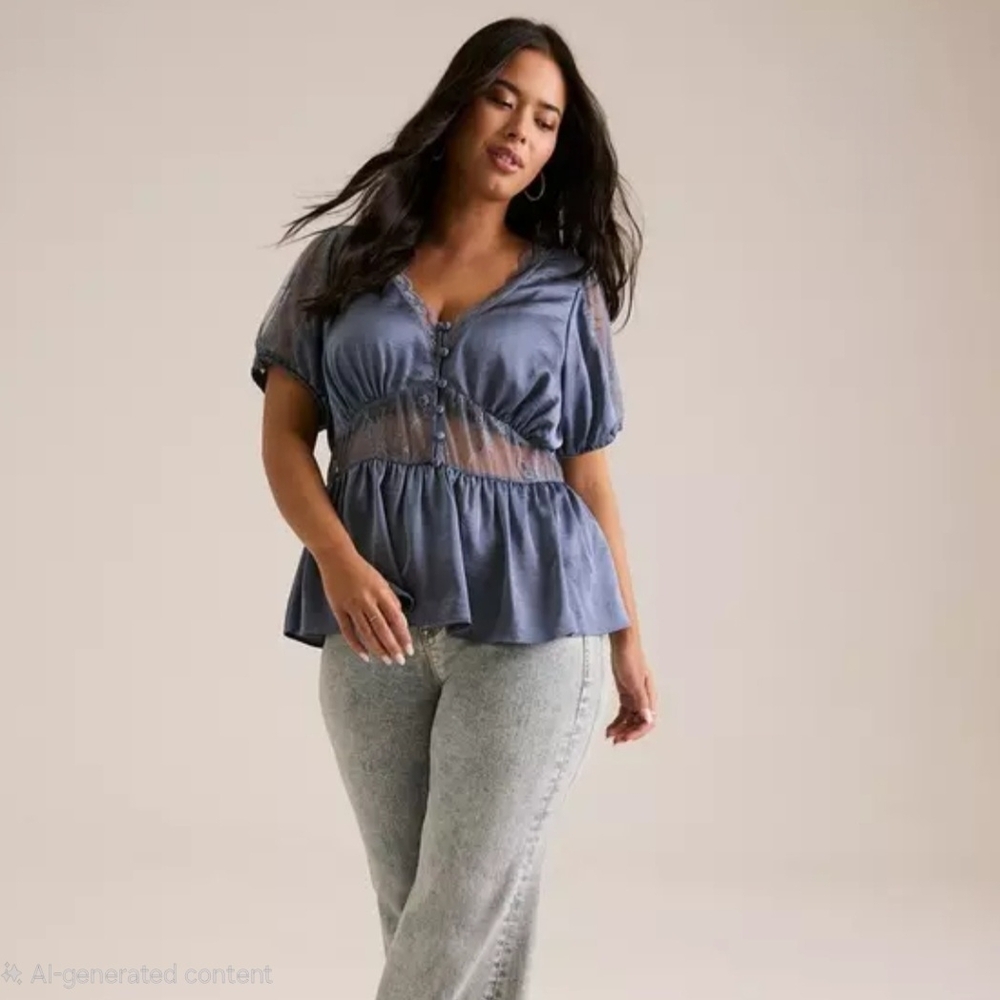 torrid Blue Lace-Trim Peplum Blouse